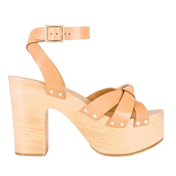 Loeffler Randall Abbie Knot Clog Sandals Womens 9 Tan Leather Platform Studded - Picture 1 of 14